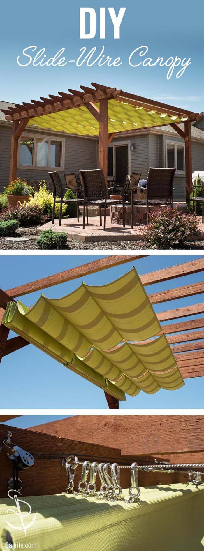 Backyard Pergola with Sliding Shade Canopy #diy #backyard #garden #projects #decorhomeideas