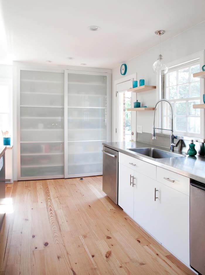 Small Kitchen With Steel Cabinets Of Carbon Finish #kitchen #cabinets #metal #steel #decorhomeideas