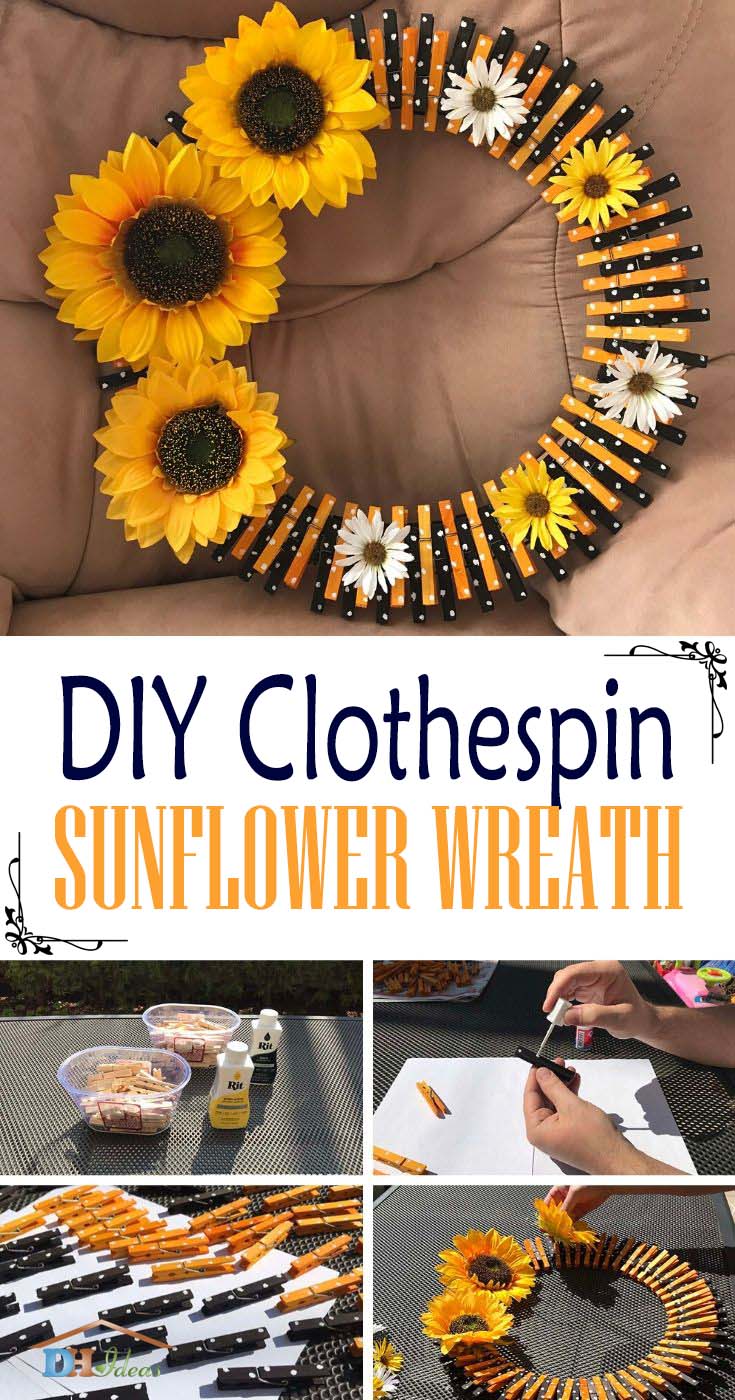 DIY Easy Clothespin Sunflower Wreath. How to make sunflower clothespin wreath, step by step tutorial with photos and instructions, needed supplies and tools. #sunflower #diy #wreath #clothespin #decorhomeideas