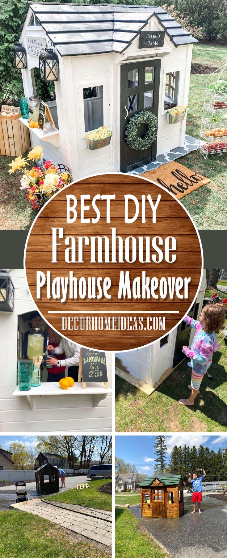 DIY Outdoor Farmhouse Playhouse Makeover. How to convert and old and worn playhouse into an adorable outdoor farmhouse style playhouse. #farmhouse #playhouse #makeover #diy #decorhomeideas