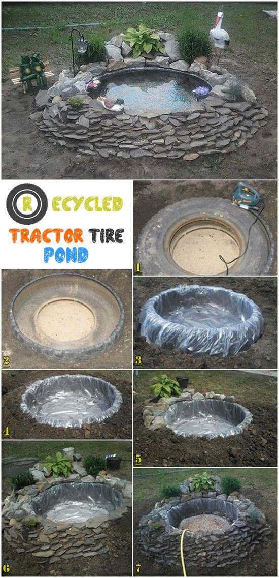 DIY Recycled Tractor Tire Water Feature #pond #diy #garden #waterfeature #decorhomeideas