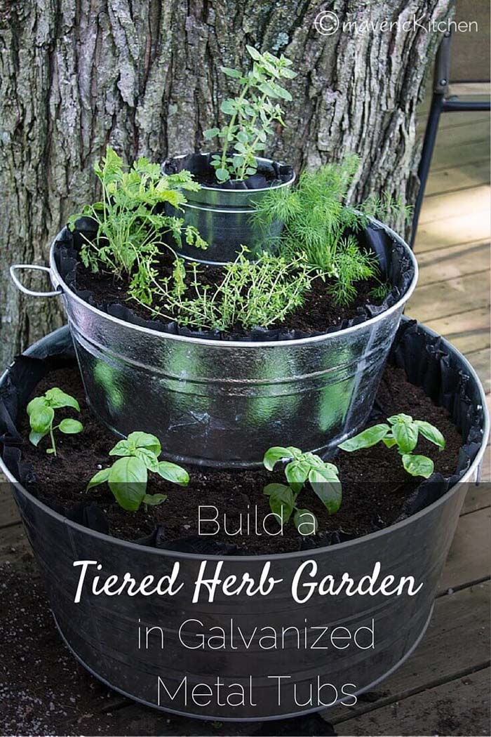 Fountain of Herbs in Tiered Metal Tubs #diy #herbgarden #herbs #garden #ideas #decorhomeideas