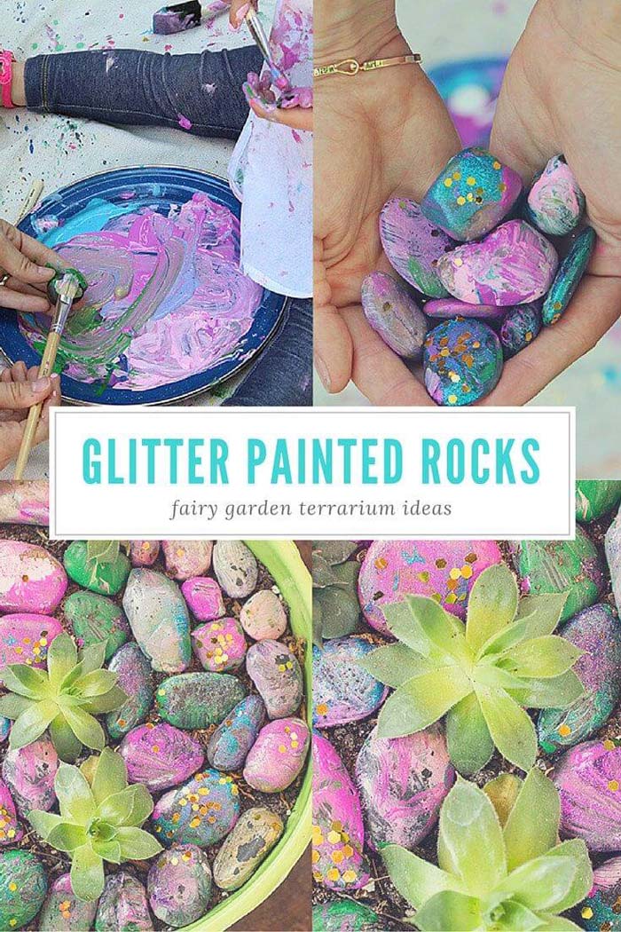 Glitter Painted Rocks for Fairy Gardens #diy #garden #rocks #stones #decorhomeideas