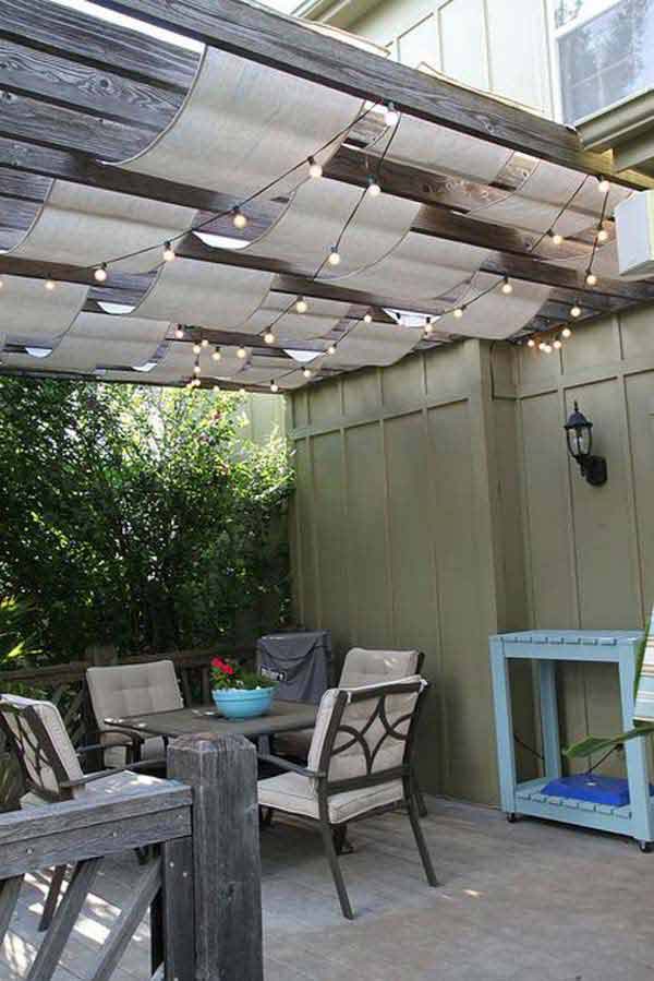 Hanging Shade-Cloth and Outdoor Lighting Combo #diy #sunshade #patio #backyard #pergola #decorhomeideas