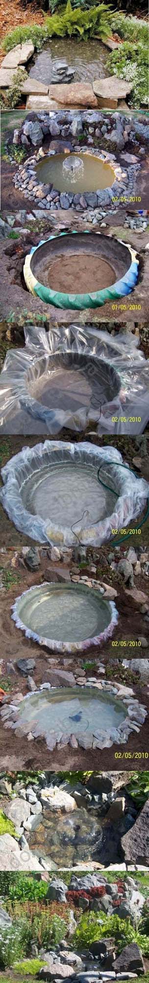 Inexpensive Rock Lined Tire Pond #pond #diy #garden #waterfeature #decorhomeideas