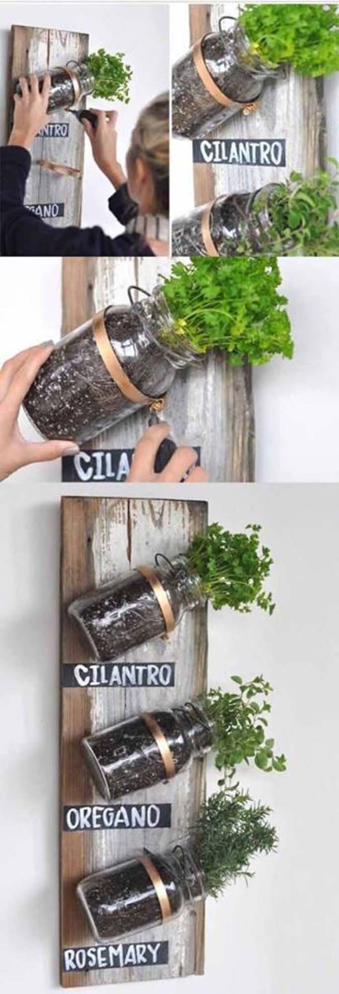 Mounted Mason Jars on Wood Panel Herb Garden #diy #herbgarden #herbs #garden #ideas #decorhomeideas