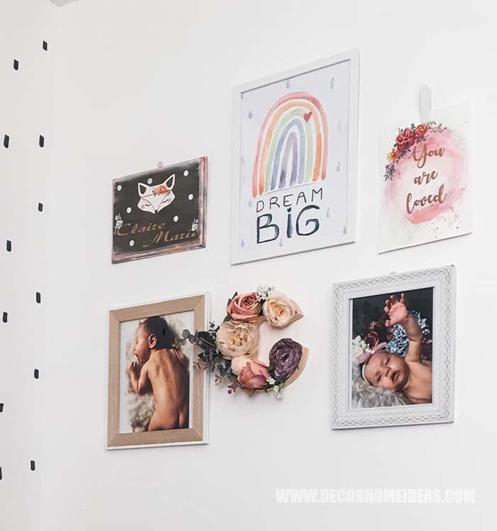 Personal Memories Hung On The Wall How To Decorate Girl Room with Montessori method, DIY decorations and furniture, wall murals , play areas and toy storage. #diy #kidsroom #montessori #decor #decorhomeideas