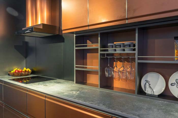 Glamorous Cabinets With Cladding In Platinum Color #kitchen #cabinets #metal #steel #decorhomeideas