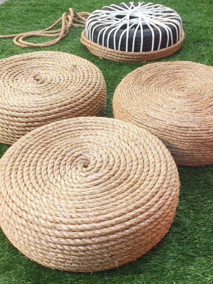 Rope Covered Recycled Tire Seats #diy #backyard #garden #projects #decorhomeideas