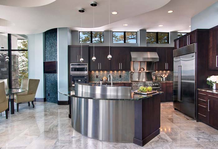 Kitchen With Stainles Steel Curved Island #kitchen #cabinets #metal #steel #decorhomeideas