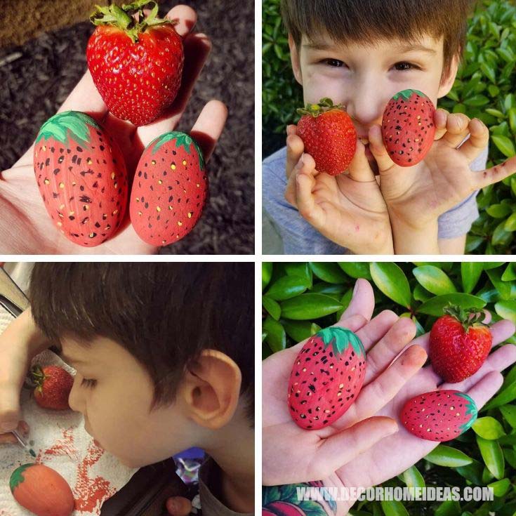 Strawberries Painted Rocks #paintedrocks #diy #decorhomeideas