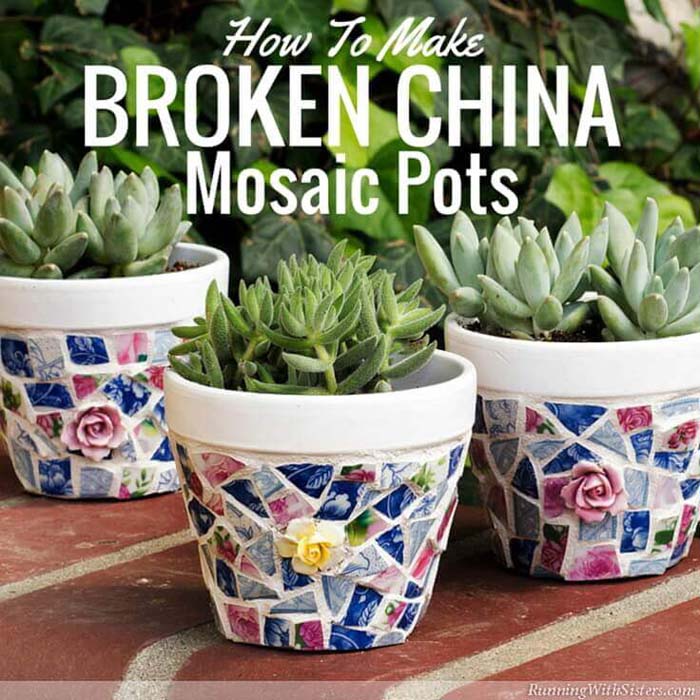 Upcycled Broken China Planter Pots #diy #garden #mosaic #backyard #decorhomeideas