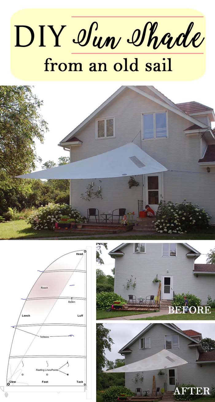 Upcycled Sun Shade from an Old Sail #diy #sunshade #patio #backyard #pergola #decorhomeideas