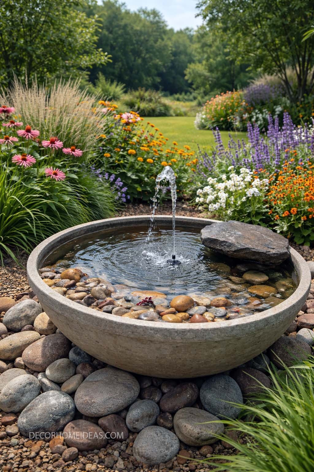 Easy DIY Bowl Fountain for a Colorful Flower Garden