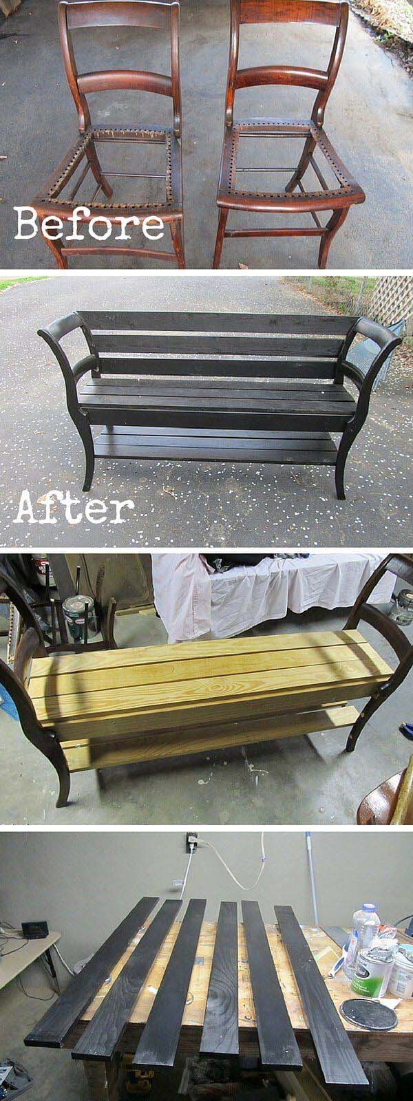 Bench Created Using Repurposed Old Chairs #chair #diy #repurposed #decorhomeideas