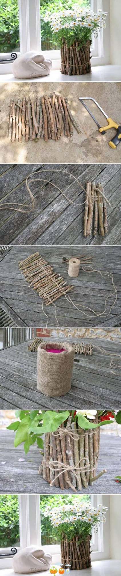 Burlap Lined Natural Stick Planter #diy #flowerpot #garden #flower #decorhomeideas