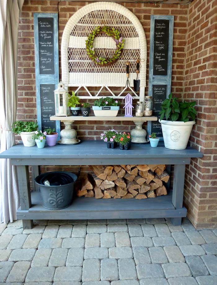 Chalkboard Accents, Firewood, and Other Whimsies #diy #potting #bench #garden #decorhomeideas