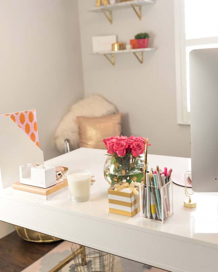 Desktop Storage and Fresh Flowers #homeoffice #organization #decorhomeideas