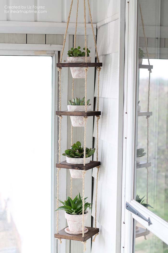 DIY Wood and Twine Hanging Succulent Tower #diy #planter #flower #hanging #garden #decorhomeideas