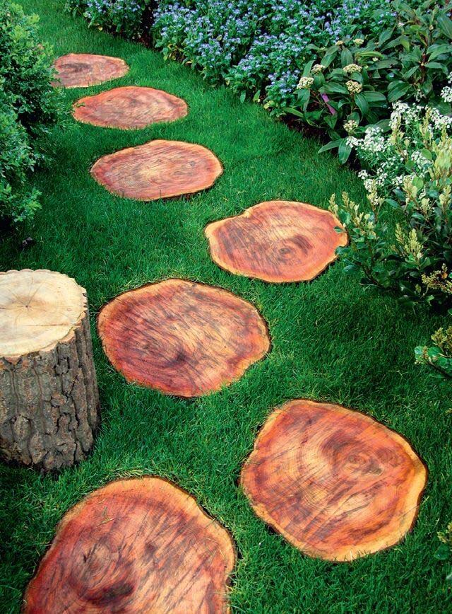 Earthy Red Wood-grain Pops Against Green #diy #pathway #walkway #garden #decorhomeideas