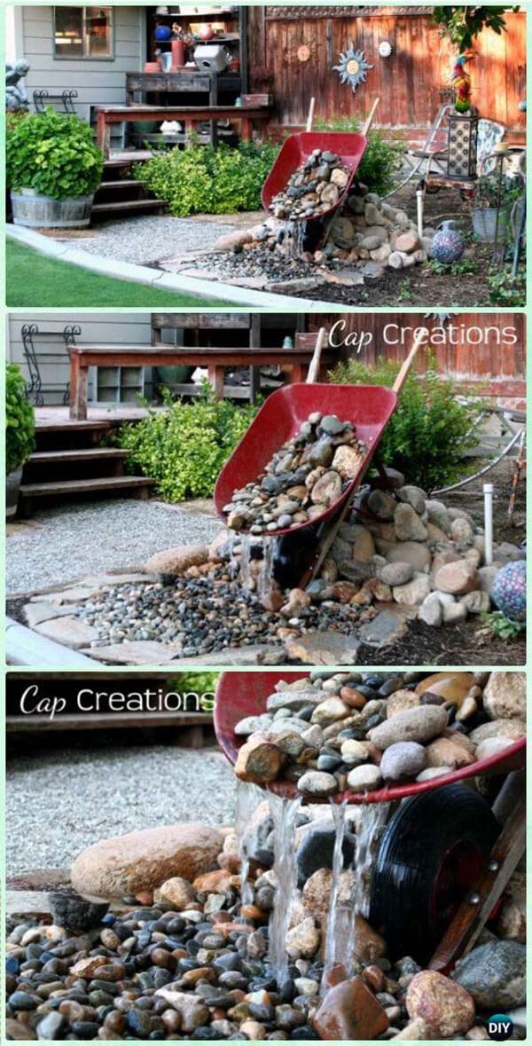 Fun and Fancy Free Wheelbarrow Waterfall #diy #waterfeature #backyard #garden #decorhomeideas