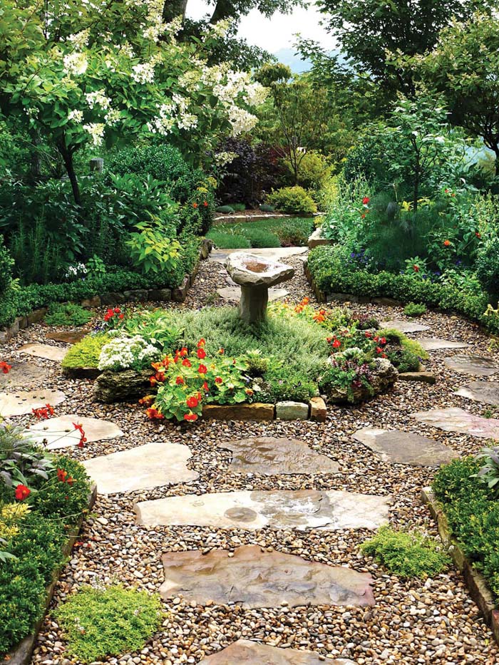 Romantic Stone Walkway Embraces A Garden Fountain #diy #pathway #walkway #garden #decorhomeideas