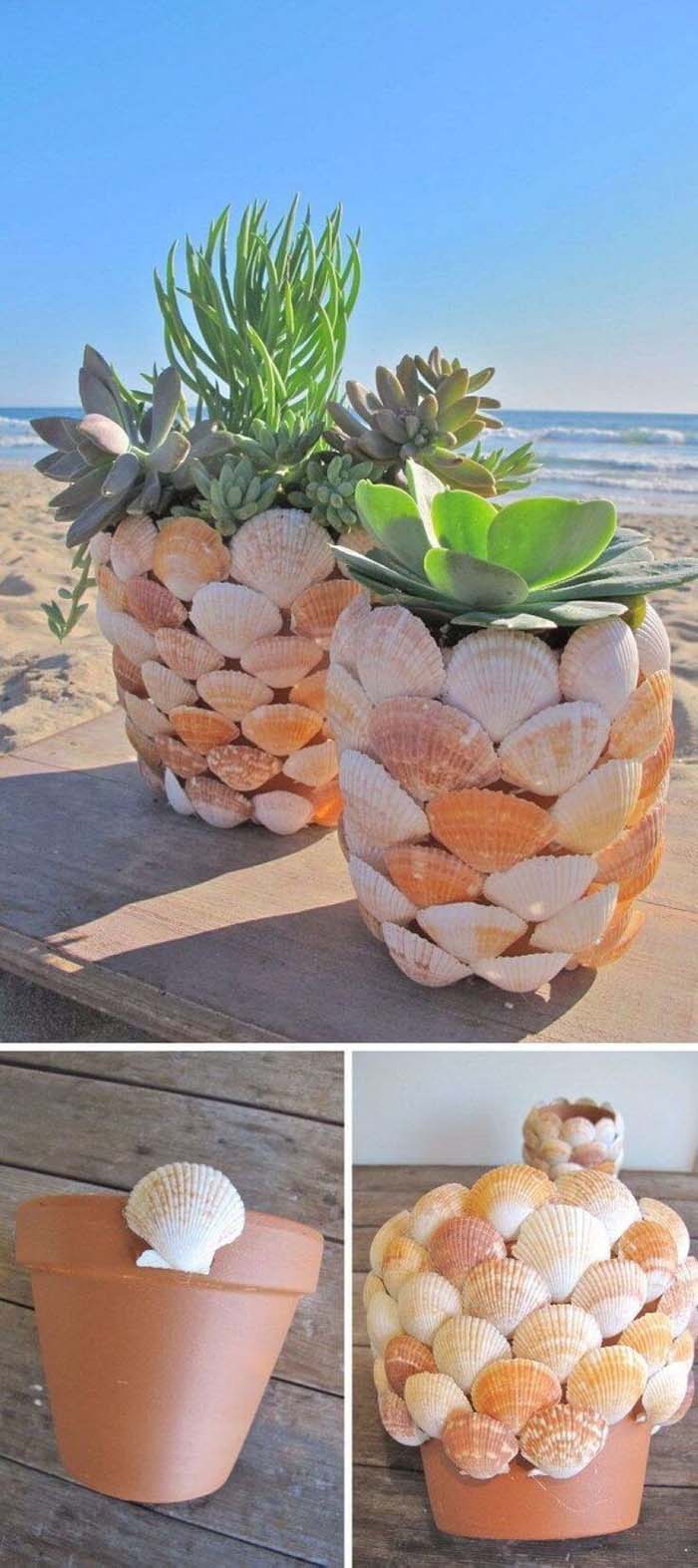 Shell Covered Seaside Plant Displays #diy #flowerpot #garden #flower #decorhomeideas