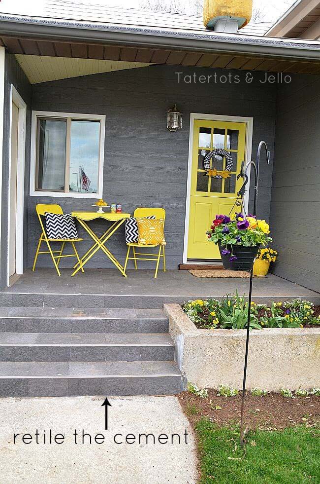 Tiled Cement and Sunny Day Accents #diy #porch #makeover #decorhomeideas