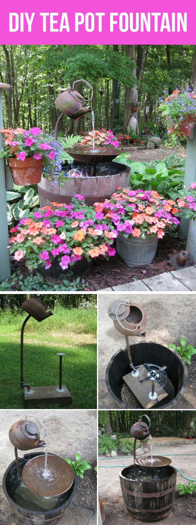 Tippy Tea Pot and Wooden Barrel Fountain #diy #waterfeature #backyard #garden #decorhomeideas