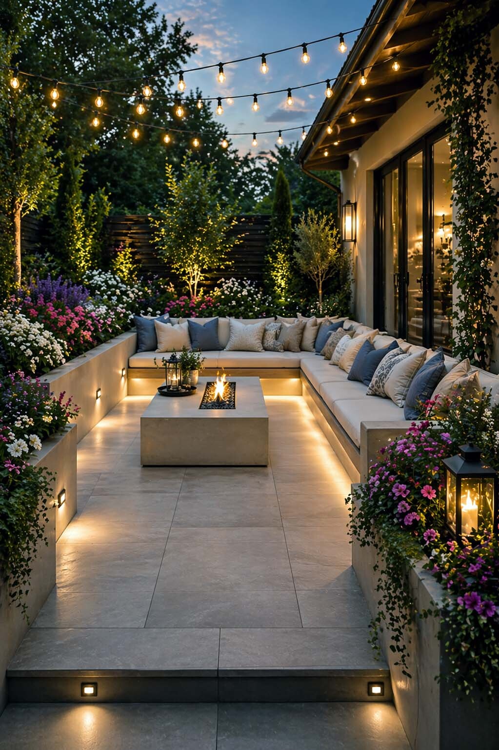 Built In Planter Patio with String Lights and Fire Table