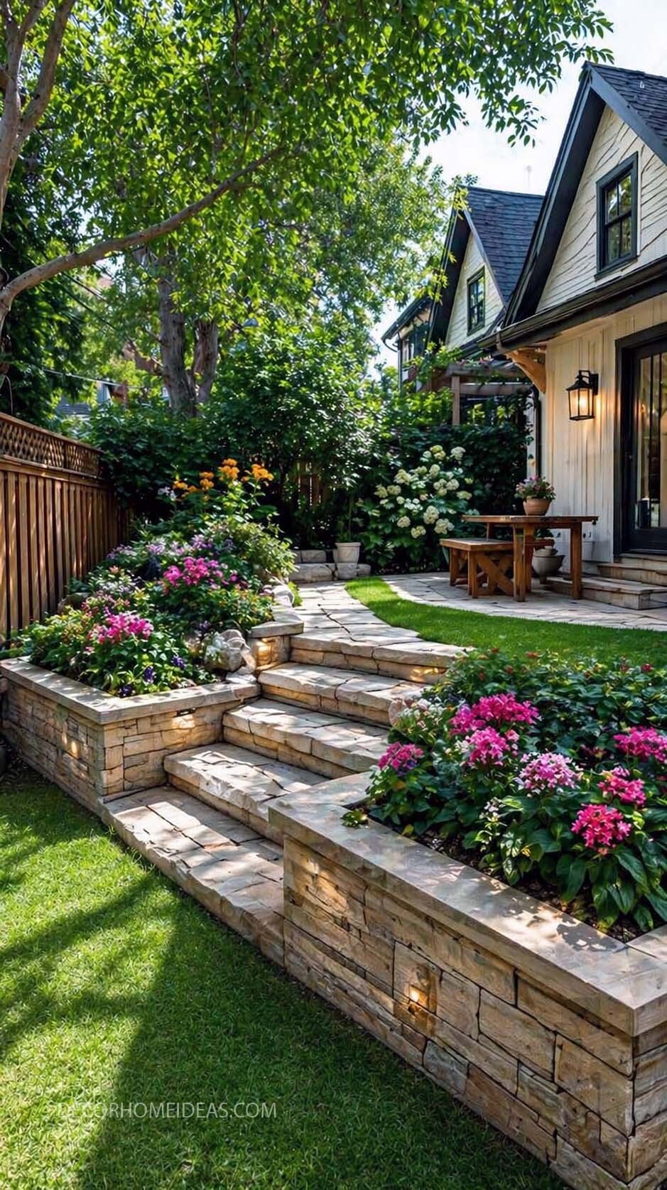 Stone Built In Planters and Garden Steps