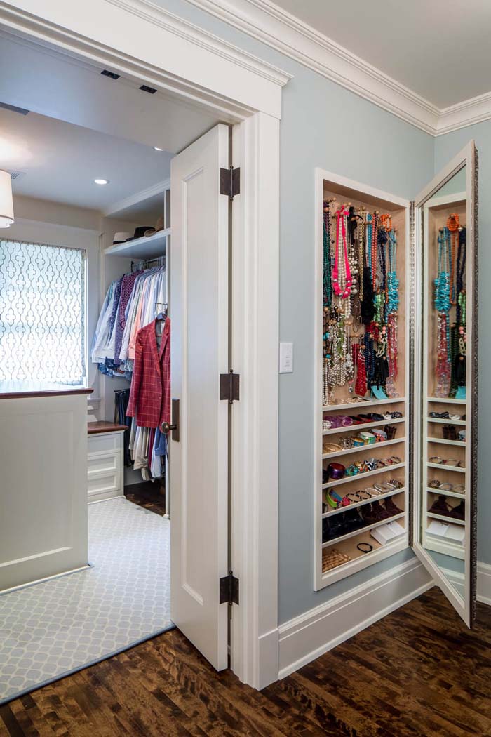 Built-in Accessory Storage With Mirror Door #storage #builtin #decor #decorhomeideas