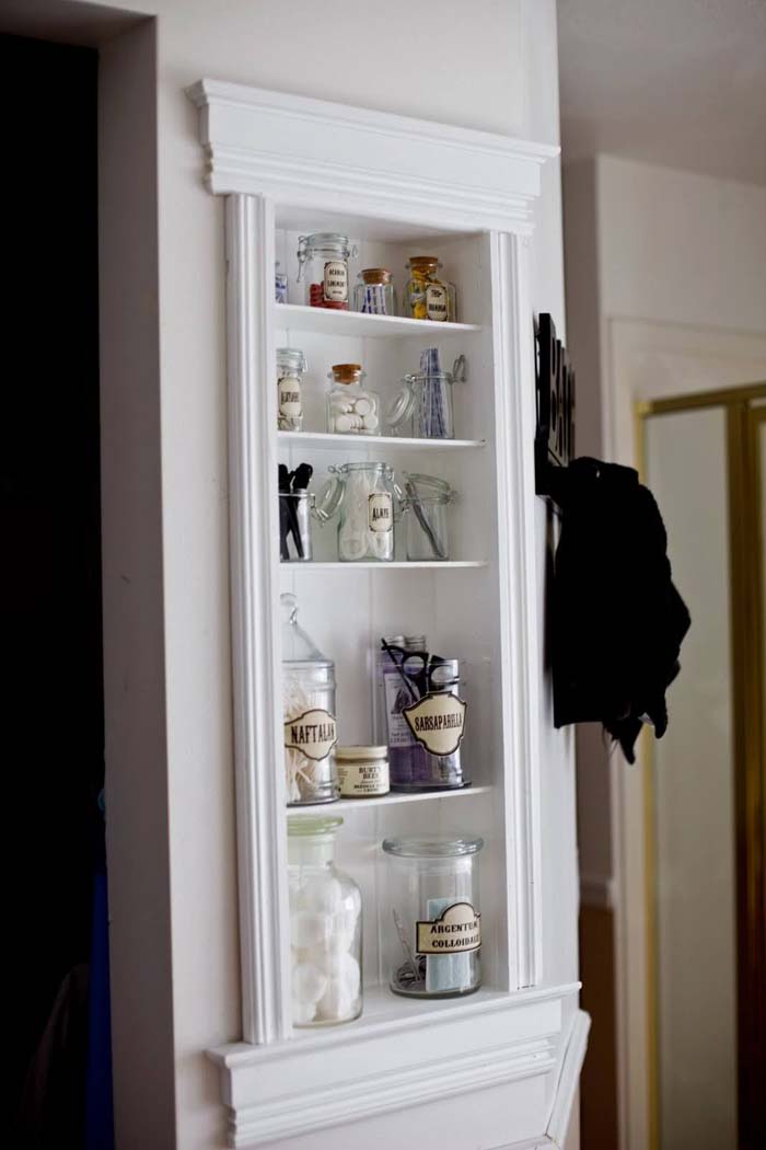 Bathroom Storage With Apothecary Jars #storage #builtin #decor #decorhomeideas