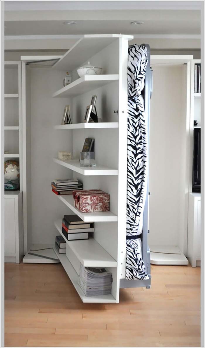 A Bed Hidden Away by Shelves #bedroom #small #design #decorhomeideas