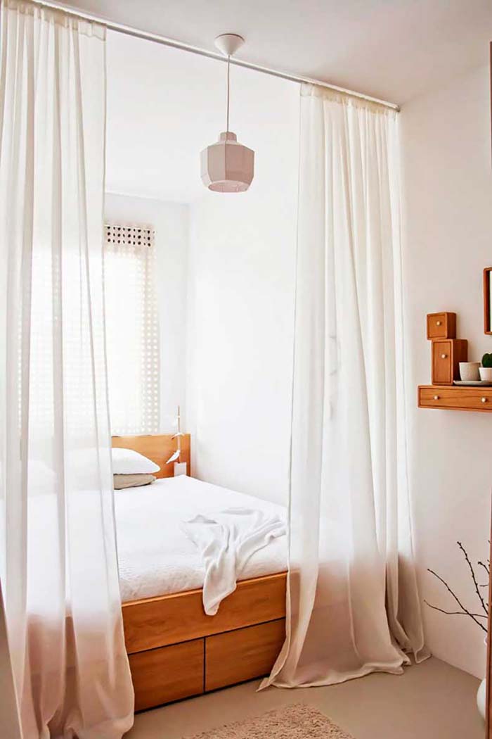 Bed with Storage Enclosed by Curtains #bedroom #small #design #decorhomeideas