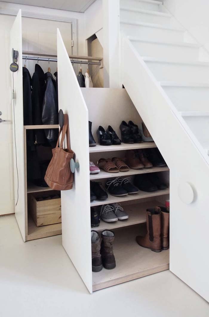 Closets Under Stairs for Coats and Shoes #storage #builtin #decor #decorhomeideas