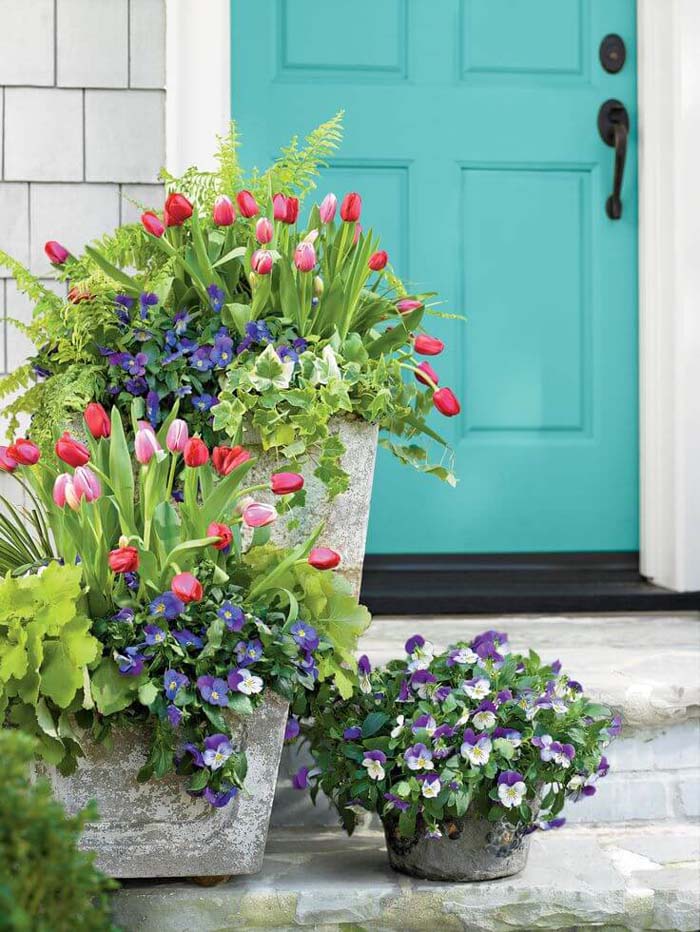 Concrete Planters with Blooming Tulips and Pansies #diy #planter #porch #decorhomeideas