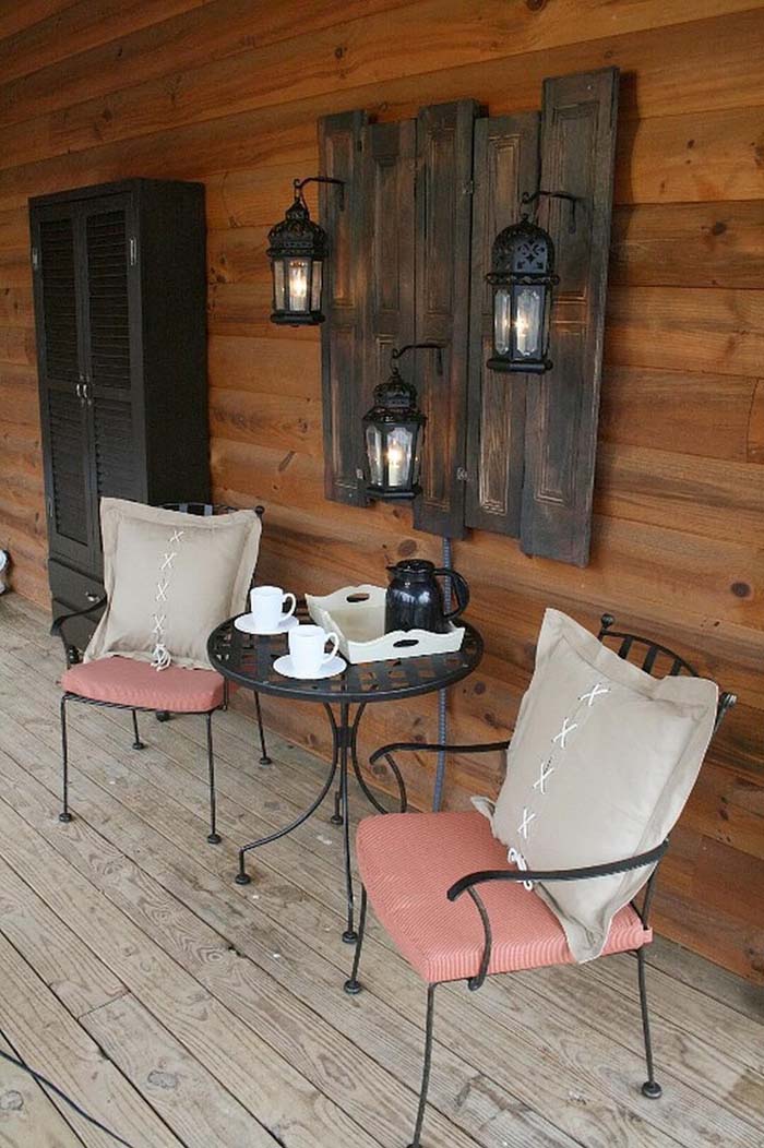 Dark Stained Wood Wall Hanging with Lanterns #porch #wall #decor #decorhomeideas