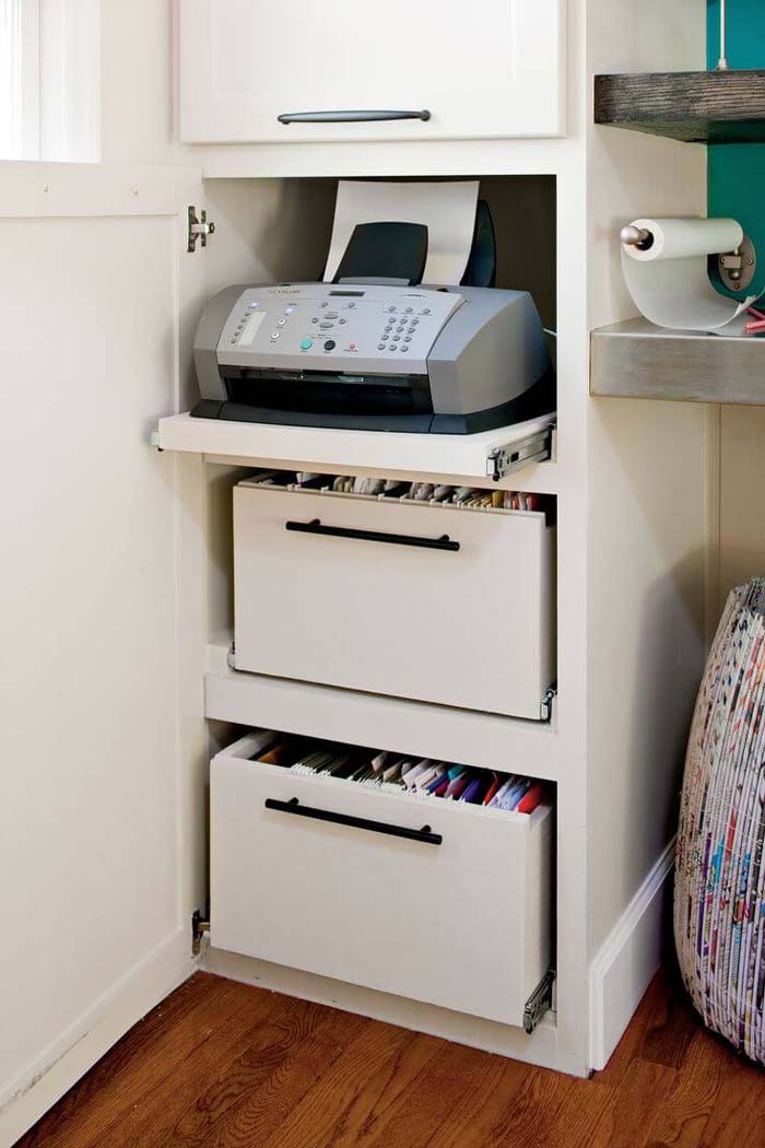Clear Your Desk by Filing Your Printer #storage #builtin #decor #decorhomeideas