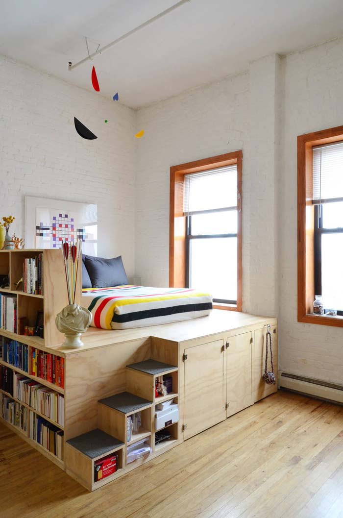 An Elevated Bed with Shelving and Storage #bedroom #small #design #decorhomeideas