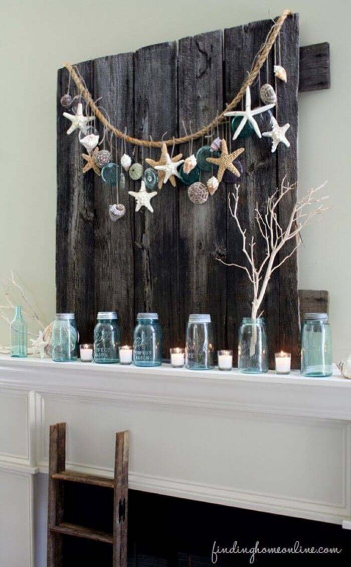 Mantle Decorations of Sea Glass and Starfish #beach #coastal #decoration #decorhomeideas