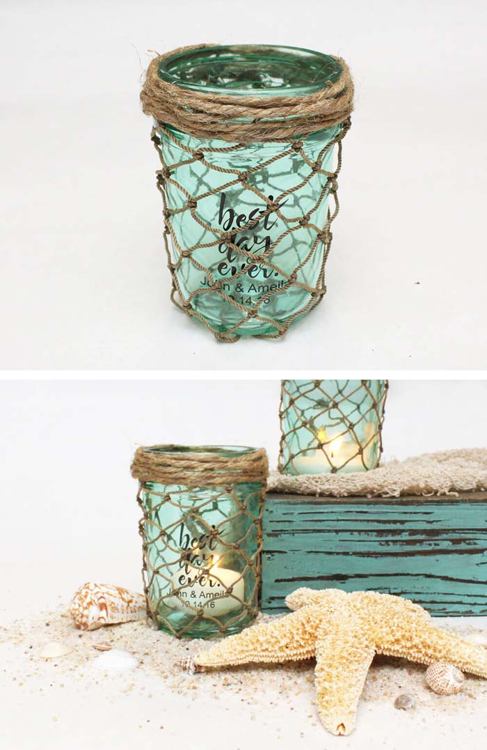 DIY Net-Wrapped Mason Jars #beach #coastal #decoration #decorhomeideas