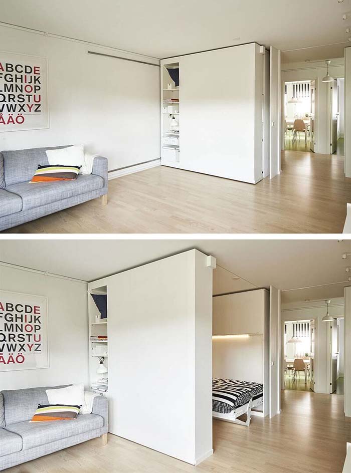 From Office to Bedroom with the Slide of a Storage Wall #storage #builtin #decor #decorhomeideas