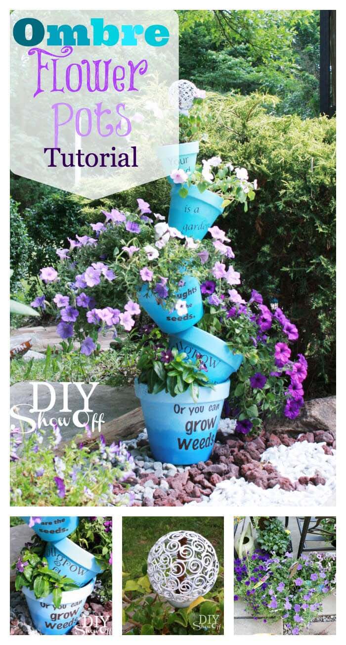 Ombre Stenciled Flower Pots #diy #flowertower #garden #decorhomeideas