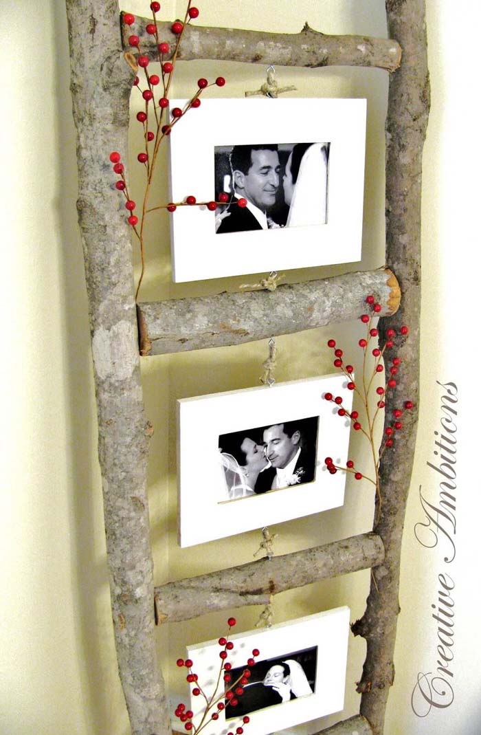 Photo Ladder with Wooden Branches #diy #decor #sticks #twigs #decorhomeideas