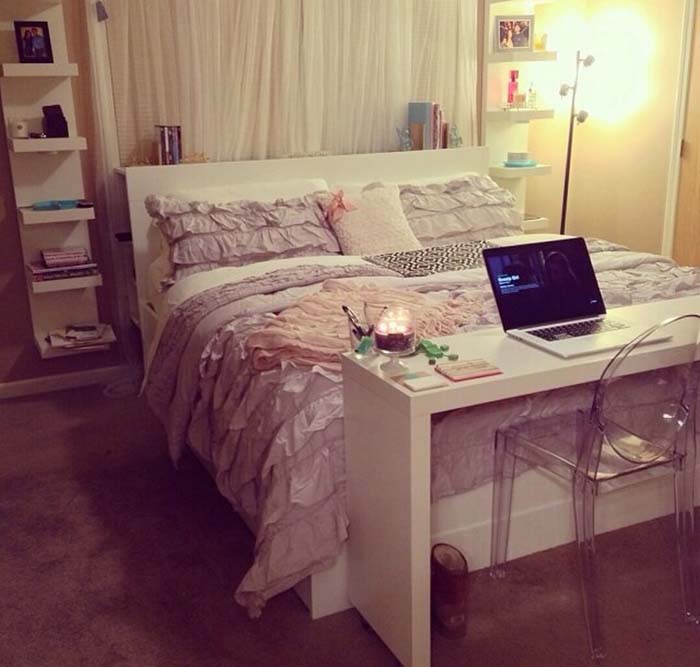 Soft Ruffled Bed Facing a Small Desk #bedroom #small #design #decorhomeideas