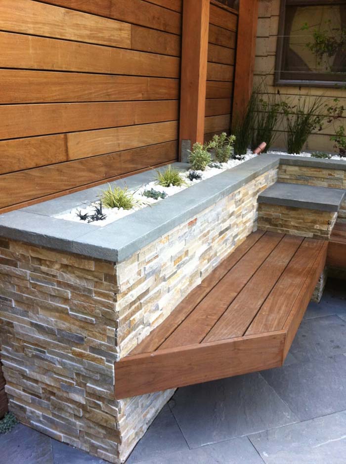 Stacked Stone Planter with Bench #diy #planter #garden #decorhomeideas