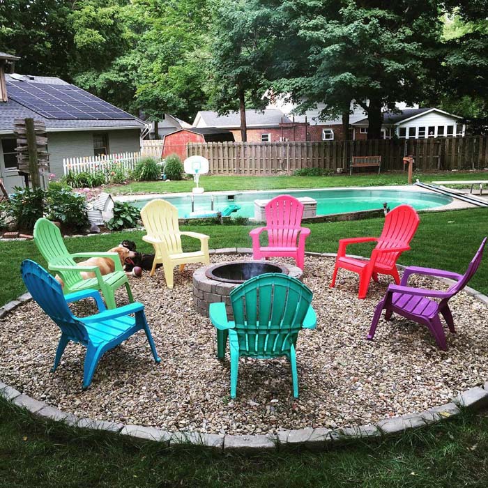 Stone Pit with a Rainbow of Chairs #diy #round #firepit #decorhomeideas