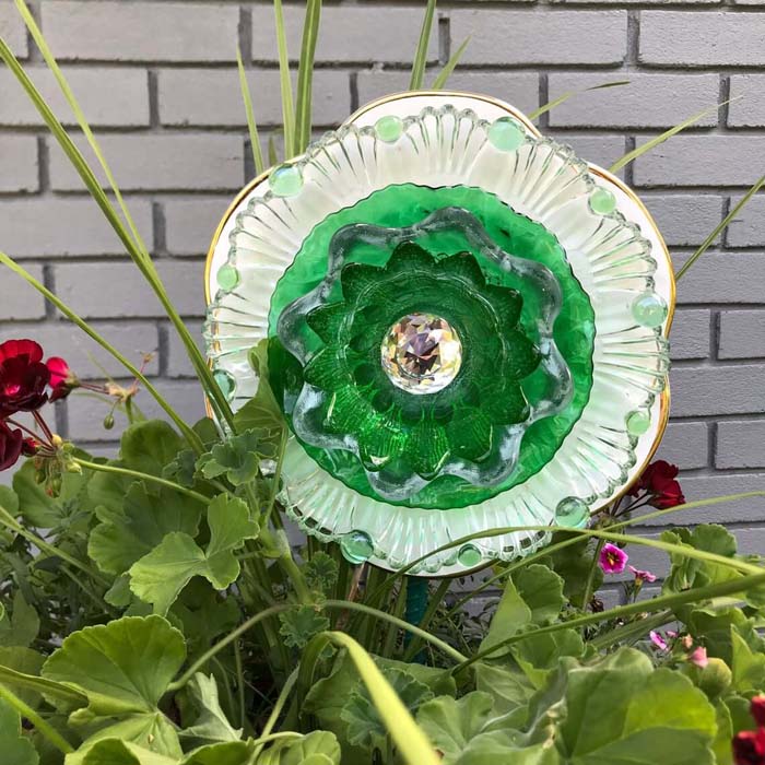 Tea Saucer and Plate Jeweled Flower #garden #upcycled #diy #decorhomeideas