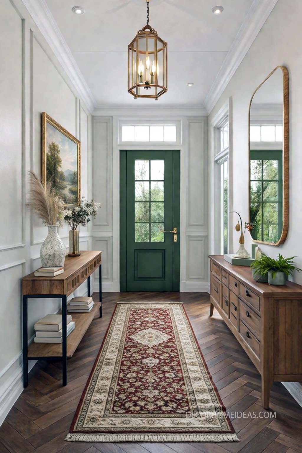 Classic Entryway with Green Front Door and Vintage Runner